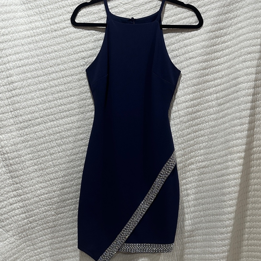 By and By Juniors Blue Asymmetrical-Hem Rhinestone Trim Cocktail Dress MSRP $69